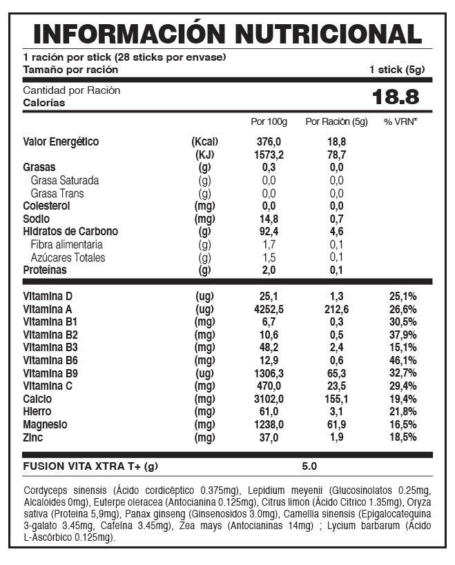 VITA XTRA T Fuxion Tabla Nutricional